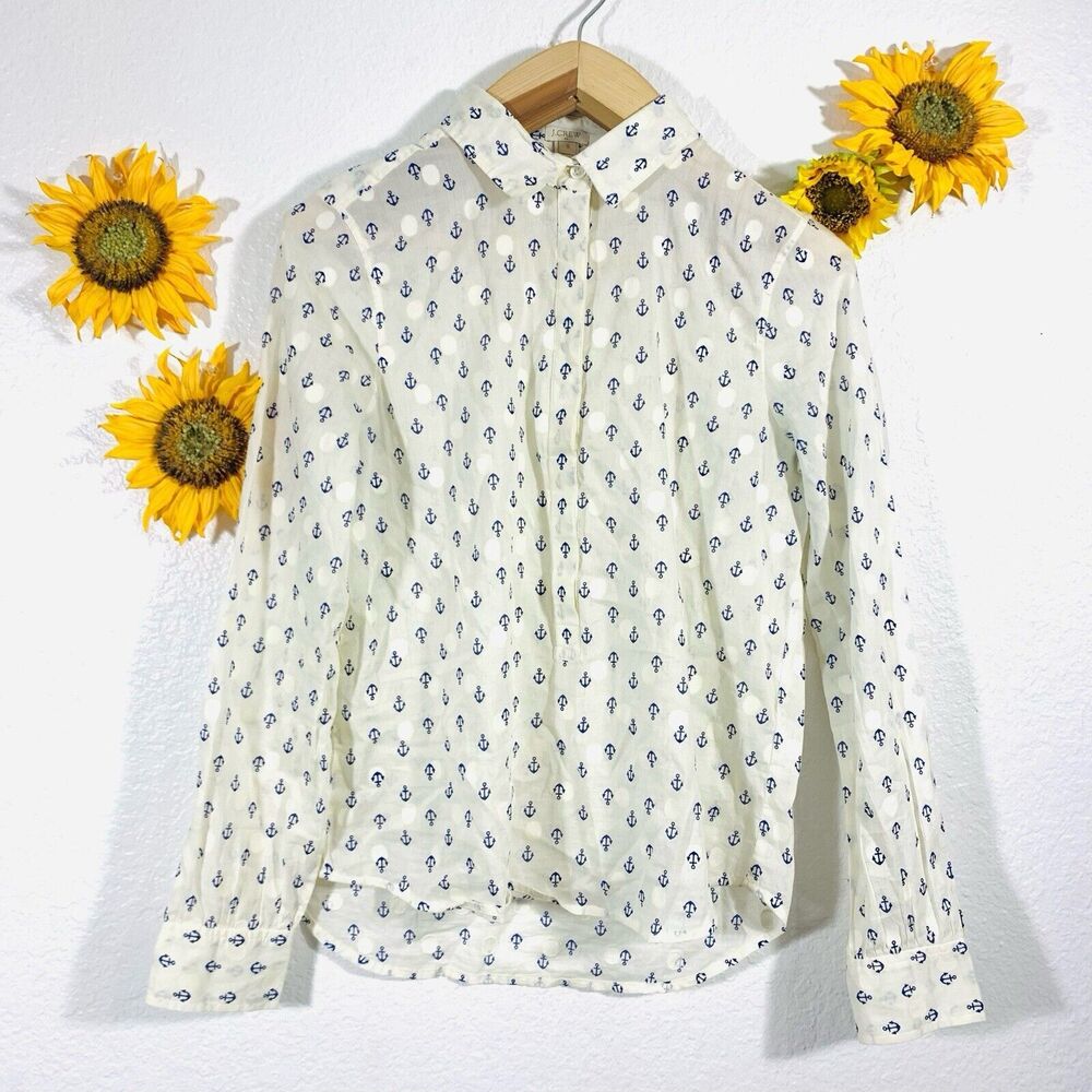 J. Crew Factory Sailor Anchor Design Off-White Up Blouse Size Small